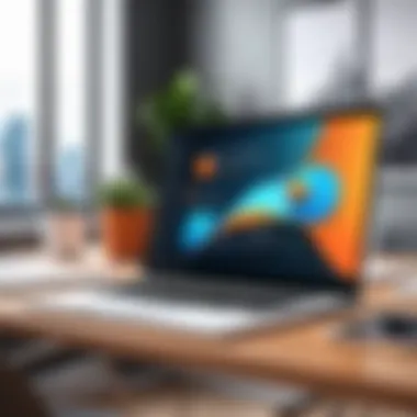 Modern Workspace with Presentation A modern workspace with a laptop displaying a vibrant presentation.