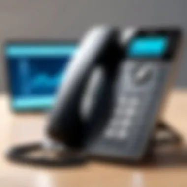 A professional setting demonstrating an IP phone in use during a meeting