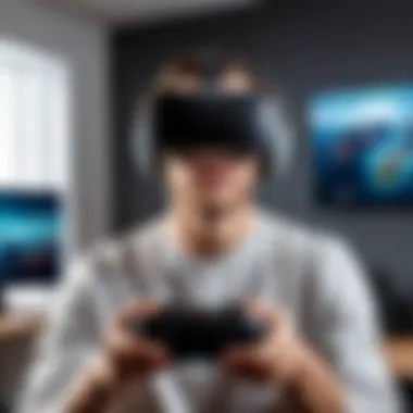 Immersive VR Gaming at Home User immersed in a virtual reality gaming experience at home