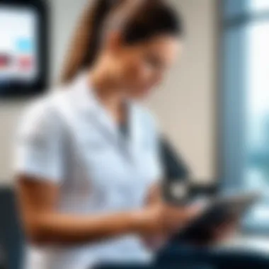 Physical Therapist Using WebPT EMR A physical therapist utilizing WebPT EMR on a tablet in a clinical setting