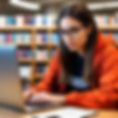 A student utilizing a plagiarism detection tool on a laptop in a library.