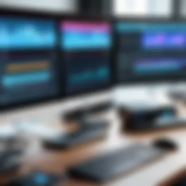 Professional Video Editing Setup A professional editing setup with multiple screens displaying various editing applications.
